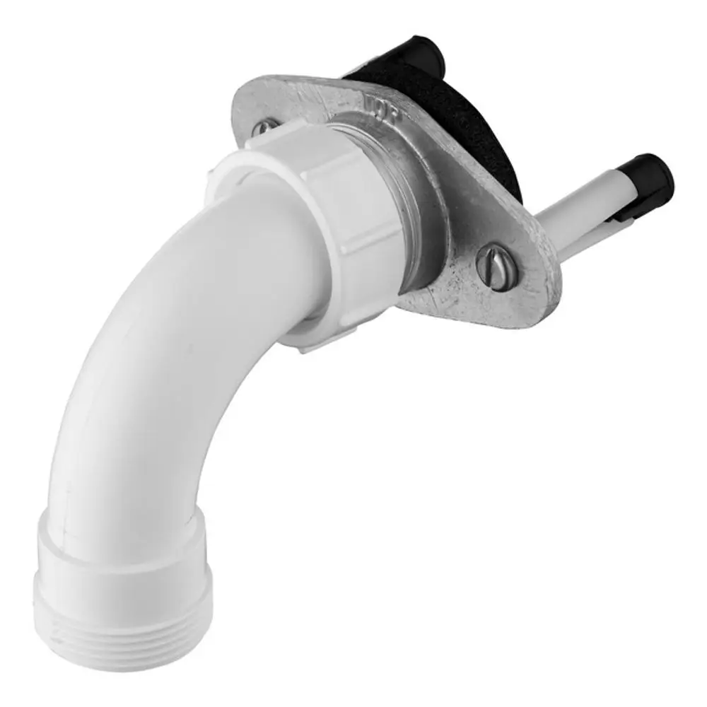 Weißer Ablauf von Ideal Standard mit gebogenem Rohr und Flansch zur Befestigung. Eignet sich für den Waschtischanschluss.